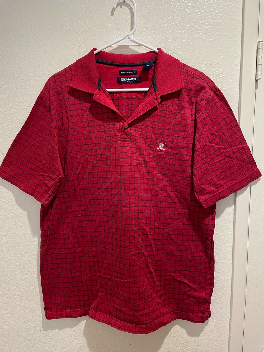 Chaps Golf Men's Mercerized Cotton Check Golf Polo Red/Navy M Short Sleeve Logo